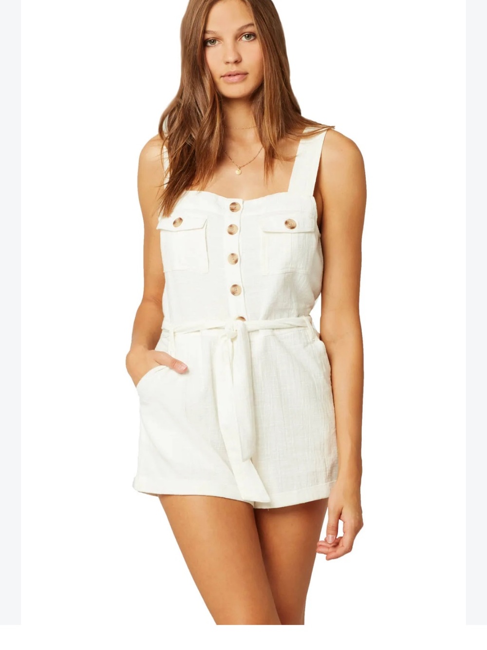 l*space White Button-Front Linen Romper with Tie Belt